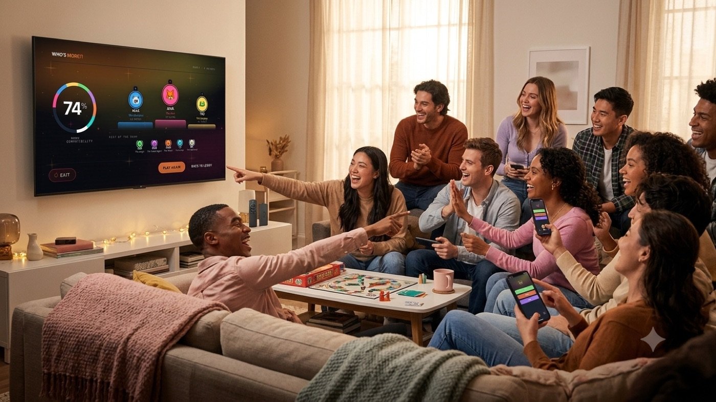 Un grupo de amigos riendo frente al televisor mientras juegan
